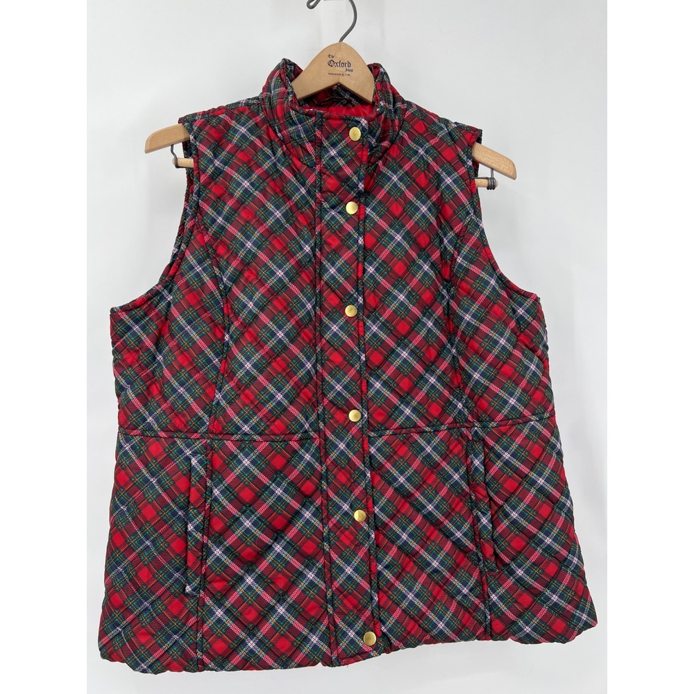 Kim Rogers Womens Red Plaid Quilted Puffer Vest Snap Zip Front Holiday XXL